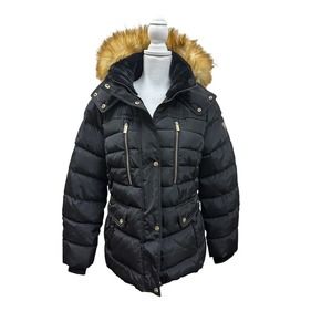 Guess Womens Quilted Puffer Coat Jacket Size XLBlack Full Zip Faux Fur Rim Hood